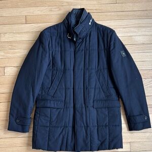 Blue Quilted Puffer Jacket with High Collar